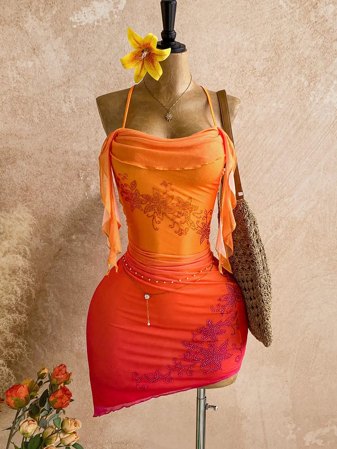 

Gradient Orange Rhinestone Floral Mini Dress for Beach, Party, Vacation
