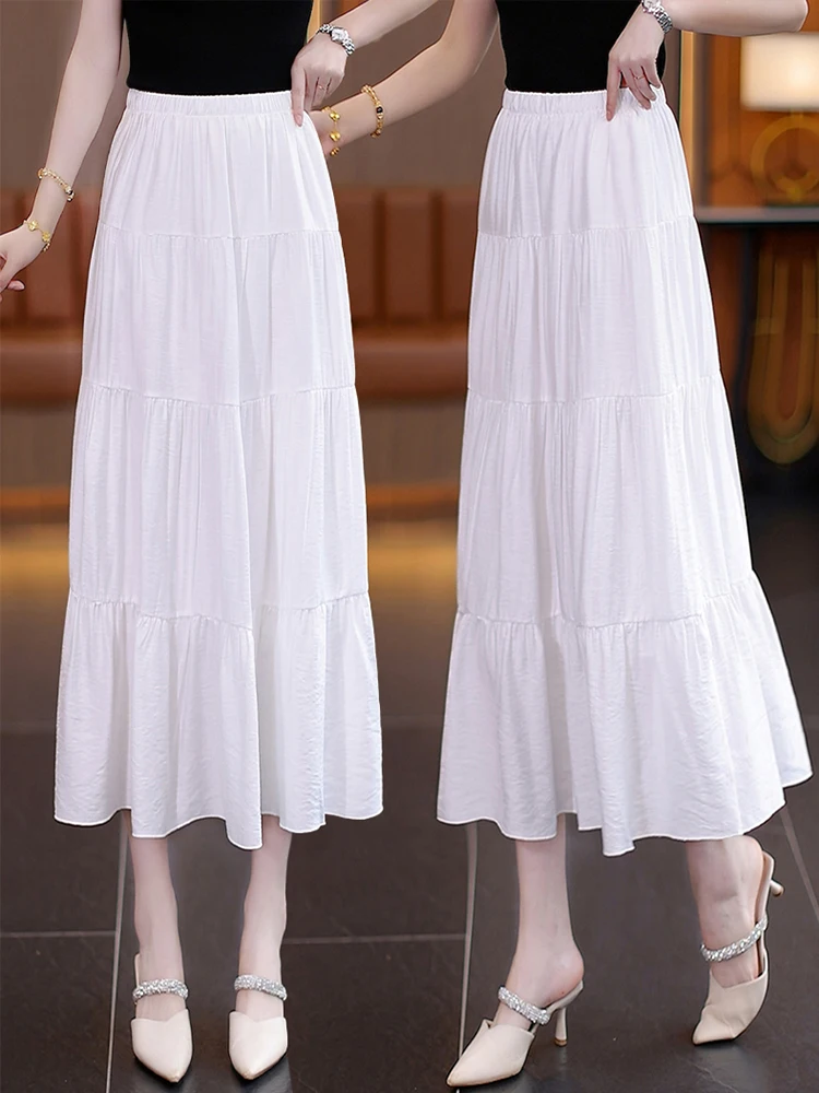 

White A-Line Midi Skirt Women's Summer Thin Hanging Sense High Waist Dreamy Cake Skirt Commute Korean Style Loose Fit