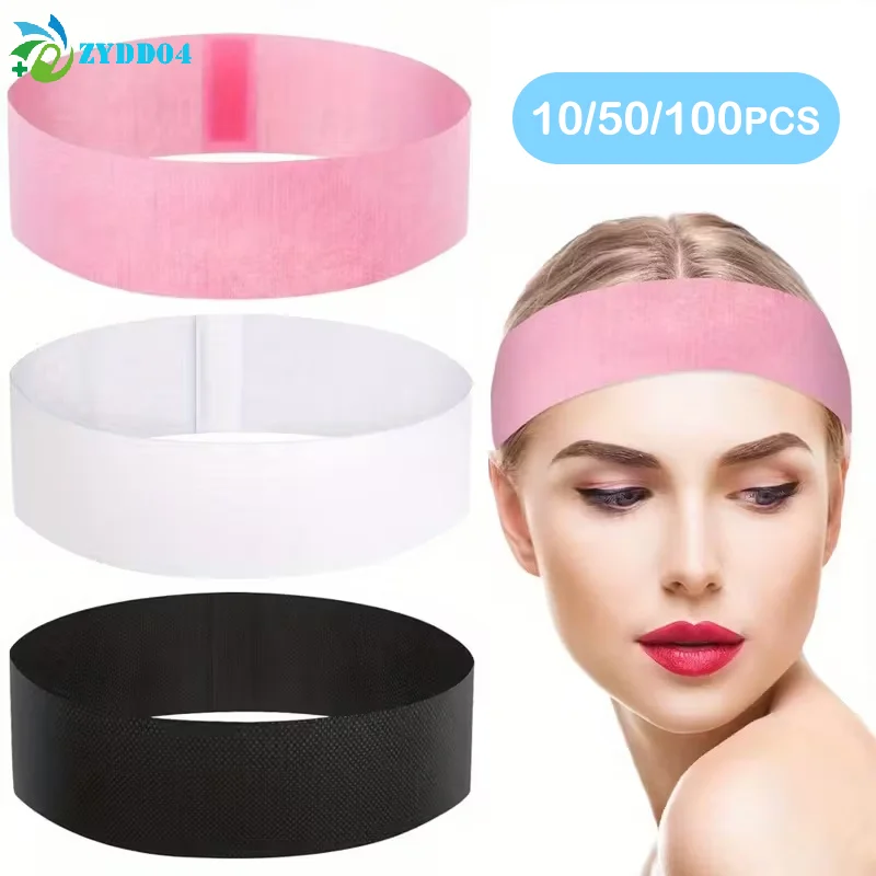●10/50/100pcs Disposable Headbands Spa Salon Facial Headband Black White Pink Elastic Adjustable Magic Tape Skincare Accessory
