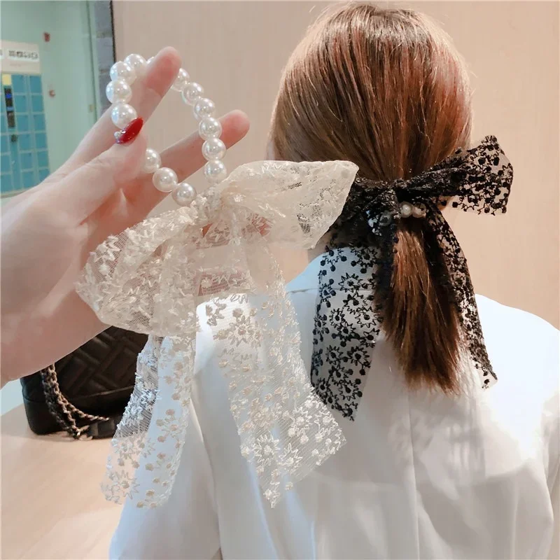 1pcs Pearl Bow Knot Hair Rope Streamer Lace Japan and South Korea New Ins Sen System Simple Streamer Large Intestine Circle