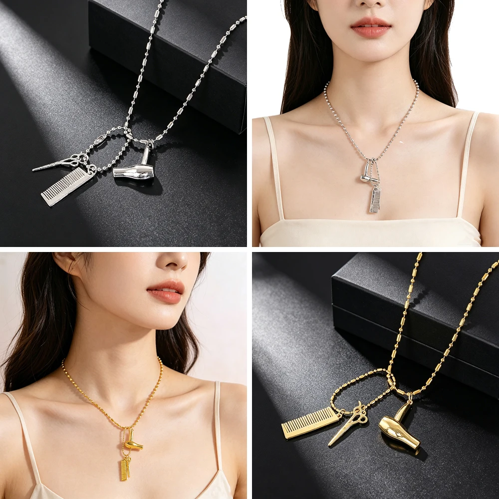 Creative Barber Tools Necklace with Scissors Comb Hairdryer Pendants Gold Silver Plated Ball Chain Jewelry for Hairstylist Gift