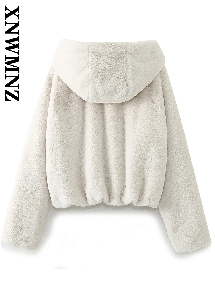 XNWMNZ 2024 Autumn New Woman Edgy Long Sleeve Faux Fur Jacket Top Vintage Winter Female Hooded Collar Hoodie Keep warm Coat