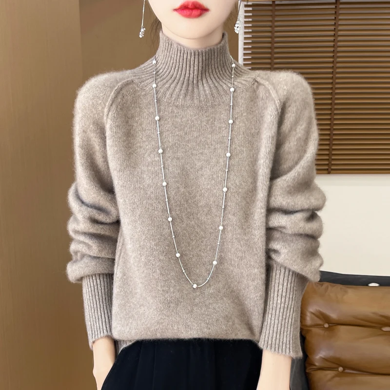 

Women Knit Pullover Blouse High Collar Thick Warm Tops Loose Fit Cashmere Sweater Autumn Winter Woman 100% Merino Wool Sweater