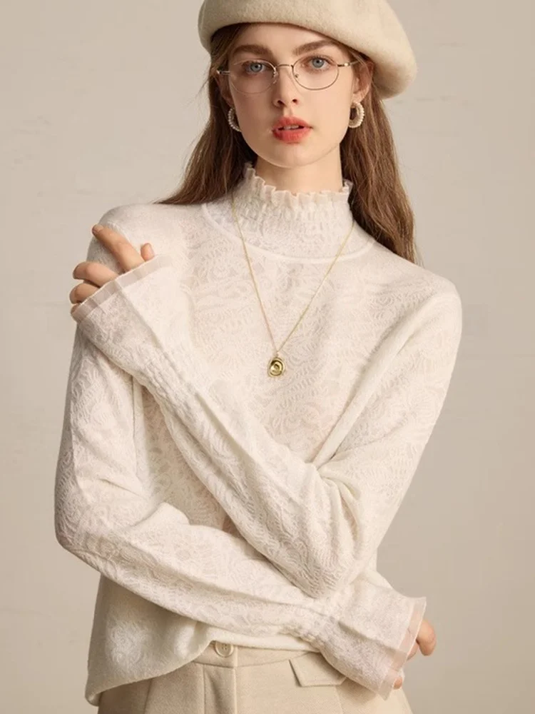 

Autumn Long Sve Lace Knitted Camere Sweater Slim Fit Base Layer Top Faionable Ele Anti-Aging Poem Art Linen