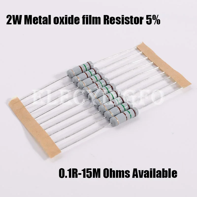 Resistor do filme do óxido de metal, filme do carbono, 2W, 5%, 0.1R-15M, 100R, 220R, 330R, 1K, 2.2K, 3.3K, 4.7K, 10K, 22K, 47K, 100K, 1M, 100, 220 ohms, 20 PCes