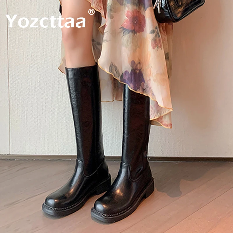 Yozcttaa Size 34-39 Women Knee High Boots Real Leather Vintage Thick Heels Shoes Platform Boots Winter 2025 Casual Office Dress