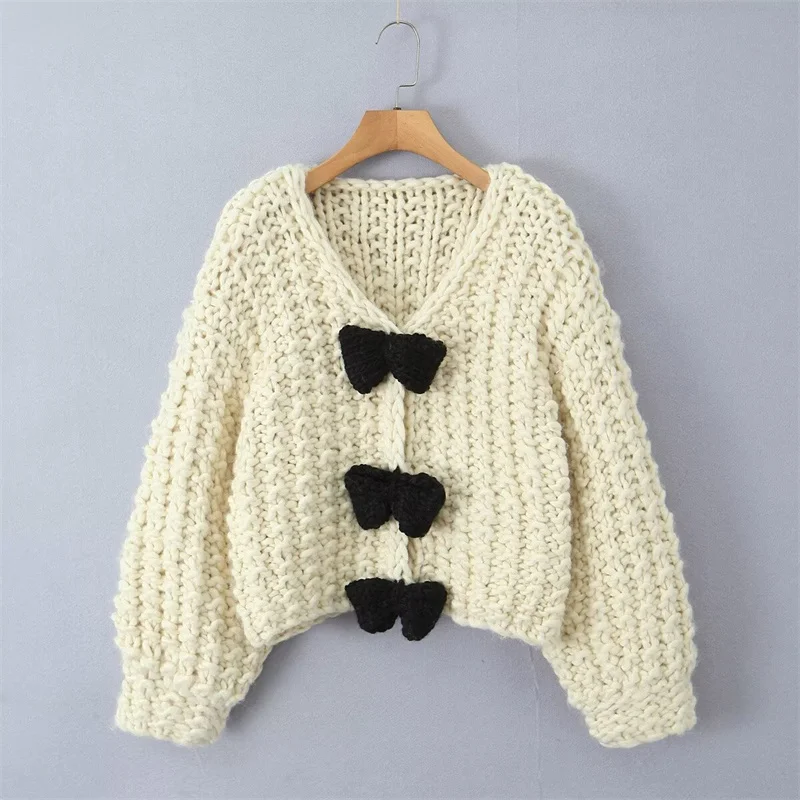 

Handmade Loose ort Sve Women's Sweater 2024 Autumn Faion Large Board pe Knot Decorated Open Cardigan