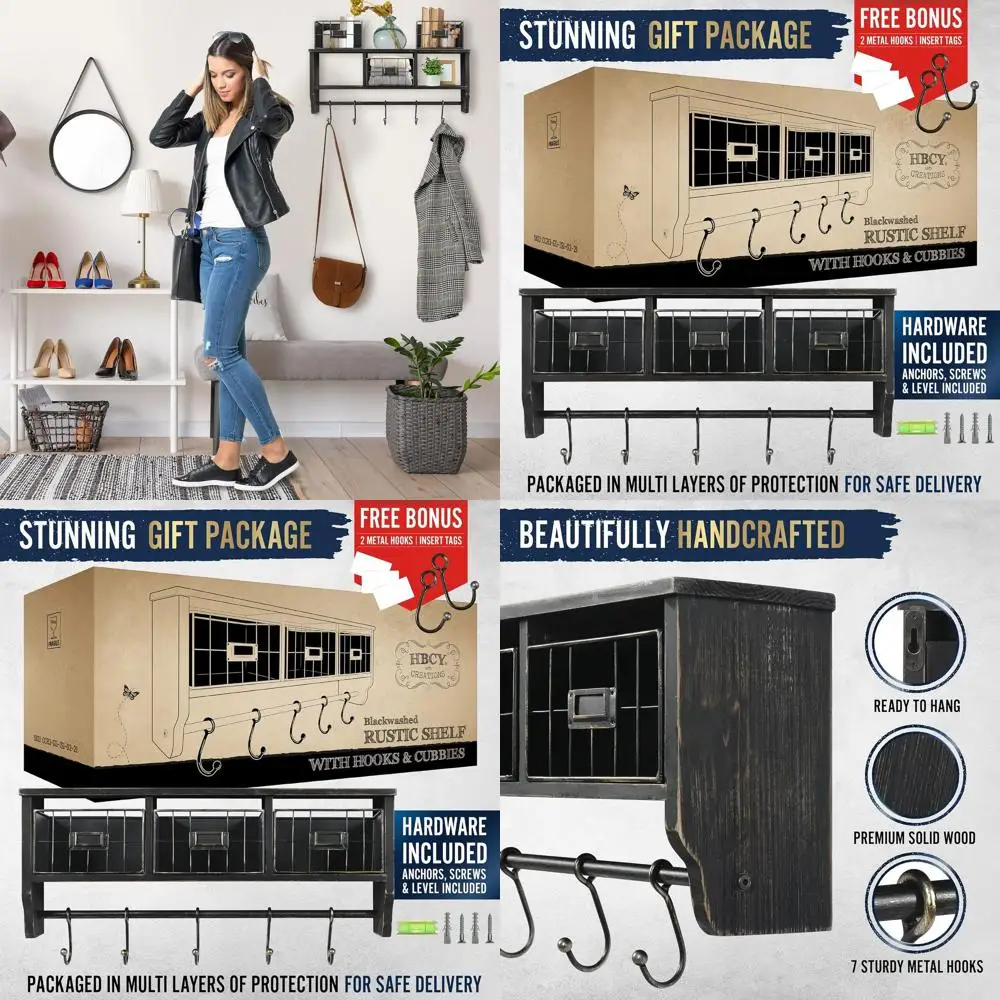 

Rustic Blackwash Wall-Mounted Shelf with Hooks and Baskets, 24 Wide Solid Wood Organizer for Entryway