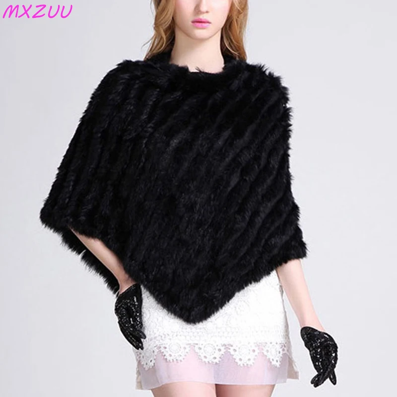 Autumn Winter Ponchos De Mujer Women Real Rabbit Hair Handmade Woven Triangle Shawl Ladies Pullover Sleeveless Fur Jacket Cloak