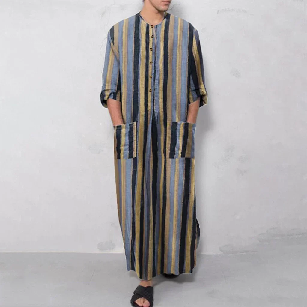 Casual Striped Print Jubba Thobe masculino, veste muçulmana, manga comprida, solta, confortável, kaftan de todos os jogos, S-5XL