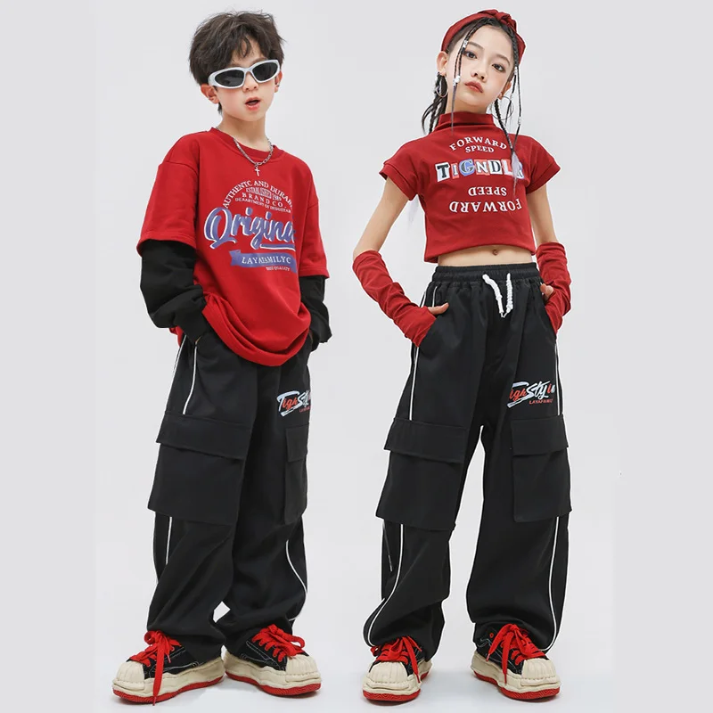 الفتيات الهيب هوب الأحمر عالية الرقبة المحاصيل الأعلى السراويل البضائع السوداء الاطفال K-pop الشارع الشهير الطفل الجاز زي فتاة مجموعة الملابس مجموعات