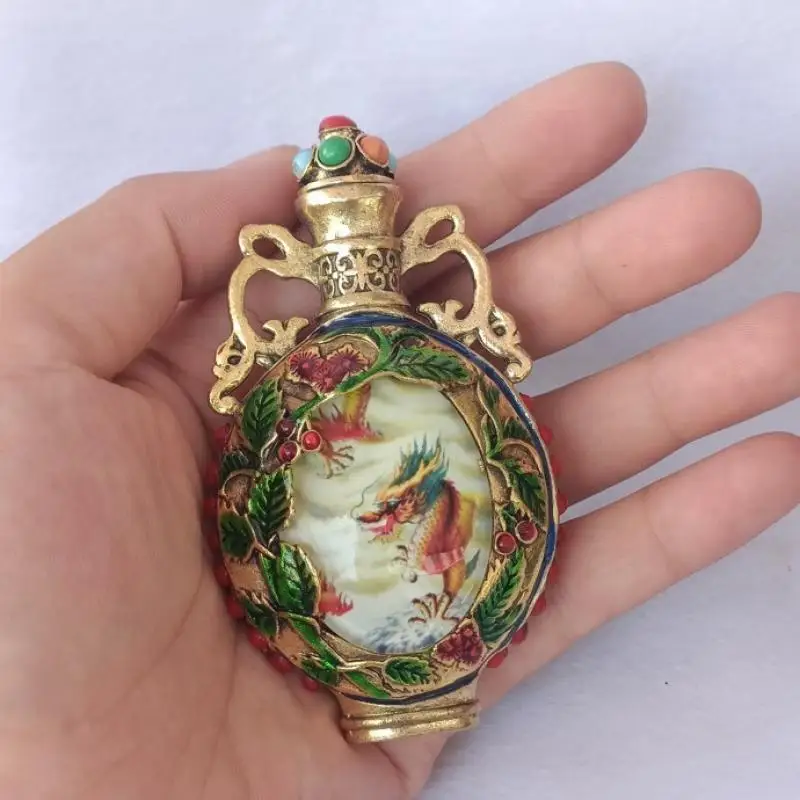Glow in Dark Dragon Snuff Bottle Vintage Brass Enamel Art Miniature Collectible Retro Gift Desktop Ornament