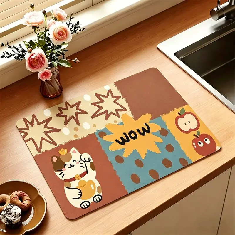Cute Cat-Themed Dish Rack Mat Patchwork-Style Absorbent Quick-Drying Non-Slip Kitchen Countertop Home Decor Animal Print
