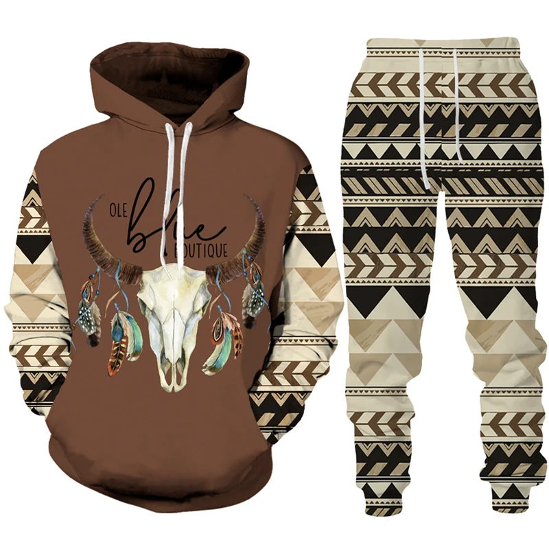 Bohemian Tribe Cow Print Hoodie 2Pcs Sets 3D Man/Women Hooded Sweatshirt Pant Set Spring Autumn Unisex Streetwear Men\'s Clothing