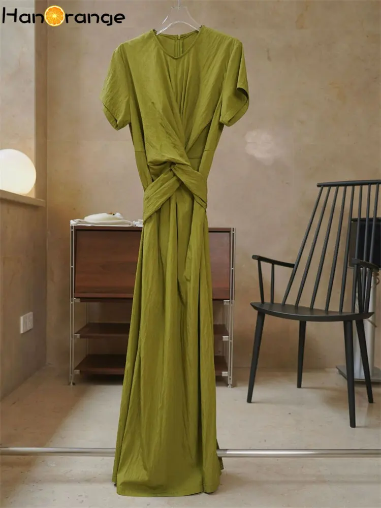 HanOrange 2024 Summer Temperament Cross Tie Waist Dress Slim Fit Long Dress Chou-heung Green