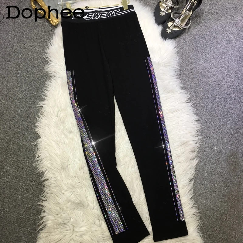 Hot Drilling Diamond Line Stretch Loose Trouser Women Leggings with An Elasticated Waist Inner Casual Black Pants Autumn Fashion