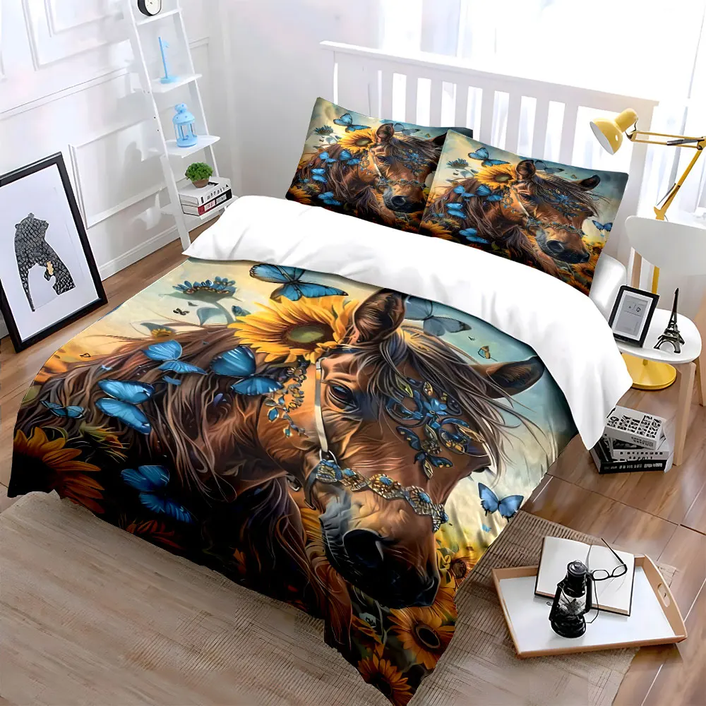 Majestic Horse Adorned with Butterflies and Sunflowers Duvet Cover Set with 3D Printing Design Soft Polyester Bedding for gifts