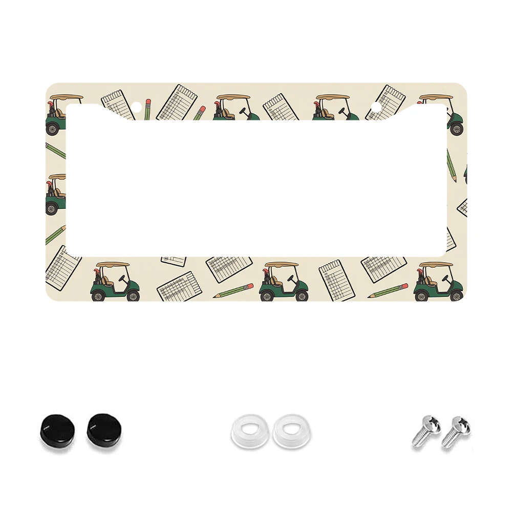 

1pcGreen Golf Cart and Notebook Pattern 2-Hole License Plate Frame, Aluminum Material, 6x12 Inch with Screw Car Decoration Gift