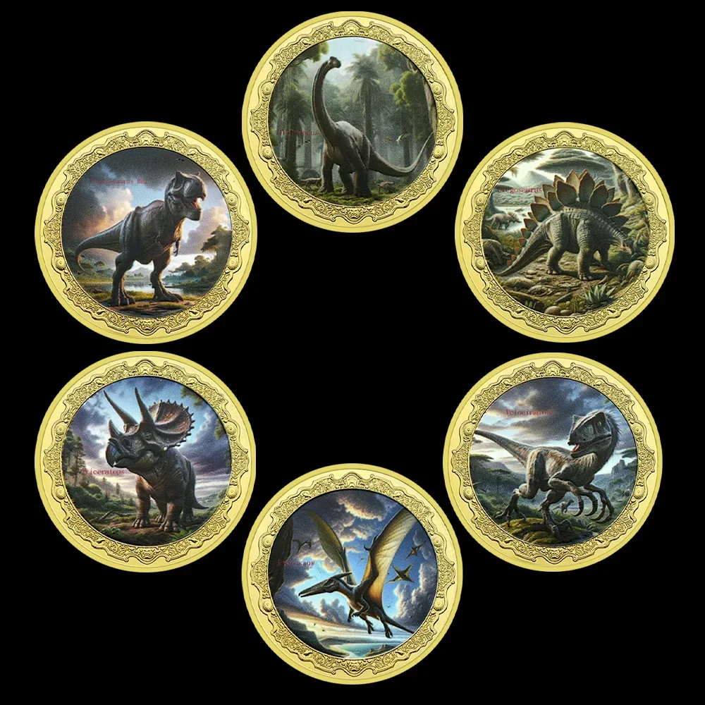 6pcs/set Gold Plated Echoes of The Jurassic Dinosaur Age Commemorative Coin  Souvenir Metal Medal Badge Fan Gift