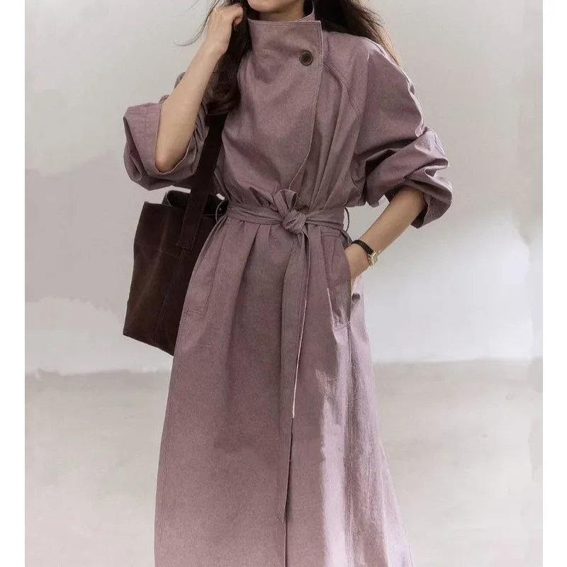 

Women's Purple High-end Windbreaker Coat - 2025 Loose Fit with Waist Cinching Slimming Elegant Minimalist Long Overcoat