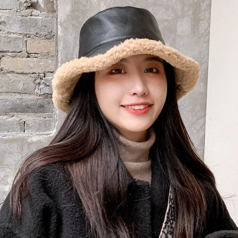 New Fashion Winter Black Pu Leather Bucket Hat Women Faux Fur Bob Chapeau Hip Hop Fishing Hat Fisherman Cap Gorras