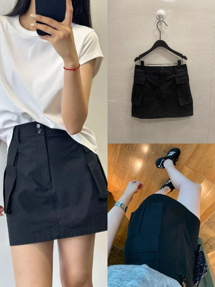 

Юбка-трапеция с высокой талией и двойным синим дизайном, рабочая одежда с большим дизайном, женская модная повседневная хлопковая юбка