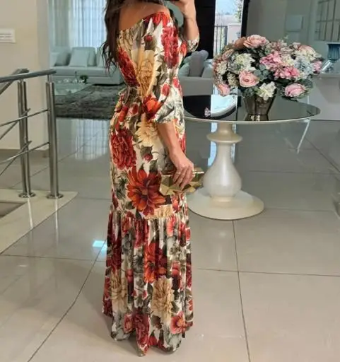 2025 Summer New Women's Fashion Elegant Printed Lace Up V-Neck Large Swing Dress