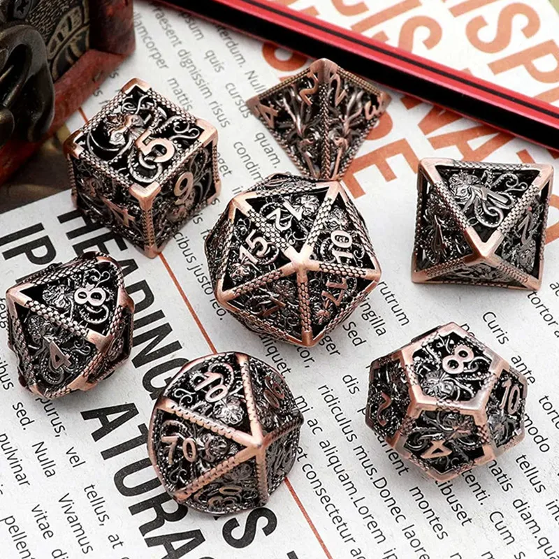 MINI PLANET Hollow Metal Dice Set DND Octopus Polyhedron Dice RPG Board Game Pathfinder Metal Dice D4 D6 D8 D0 D% D12 D20 Dice