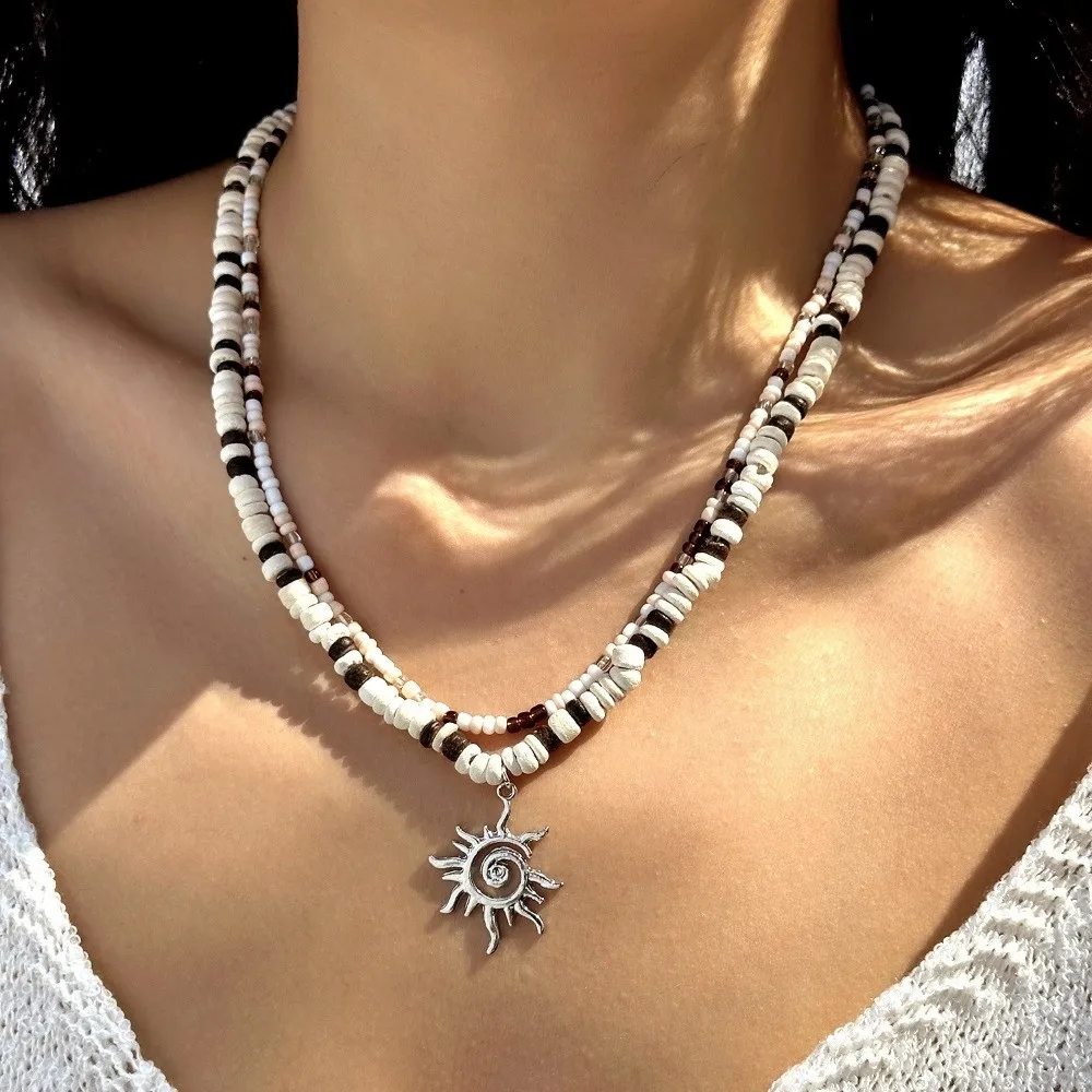 2 Pieces Set Vintage Boho Coconut Wood Beads Handmade Ethnic Style Sun Pendant Adjustable Length Double-layer Rice Beads