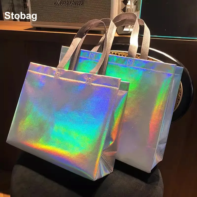 StoBag 20pcs Laser Non-woven Tote Bags Fabric Shopping Shoulder Woman Storage Reusable Large Pouches Custom Logo(Extra Fee)