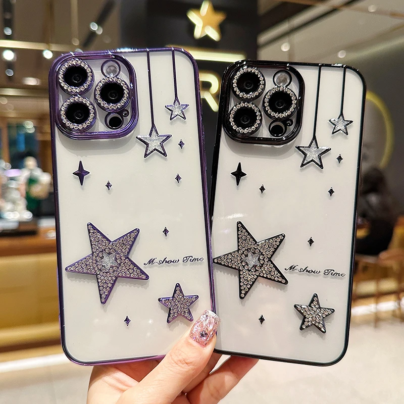 Diamond Plated Clear Meteor Crystal Phone Case for IPhone 16 15 14 13 12 Pro Max Plus Diamond Sparkling Lens Protective Back