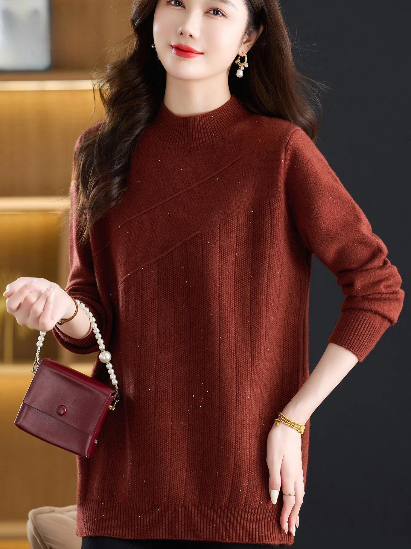 

Autumn Winter Thiened Woolen Knitted Base irt Women's Midi Length iny Sequin Butt Covering Sweater Loose Fit New Sle