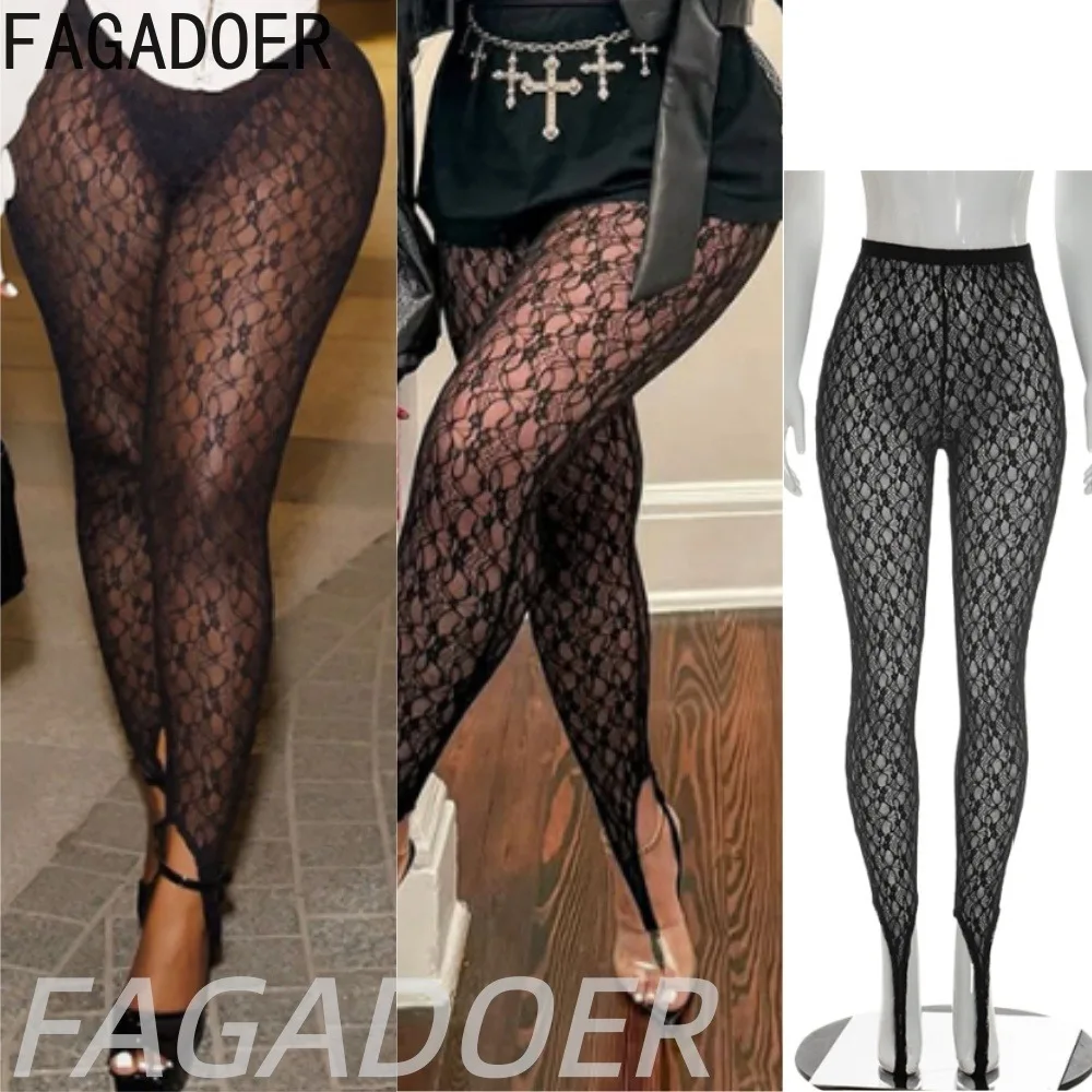 

FAGADOER Sexy See Through Lace Tight Fitting Leggings Bottoms Women Black Mesh Grid Textures Street Clubwear Skinny Pants