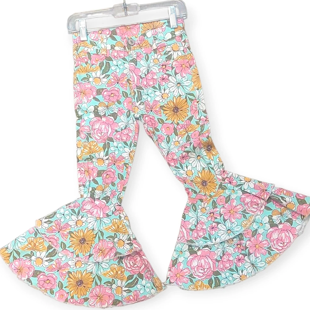 

Baby Girls Pink Floral Butterfly Ruffle Denim Jeans Kids Fall Fashion Floral Print Flare Pants for Girls