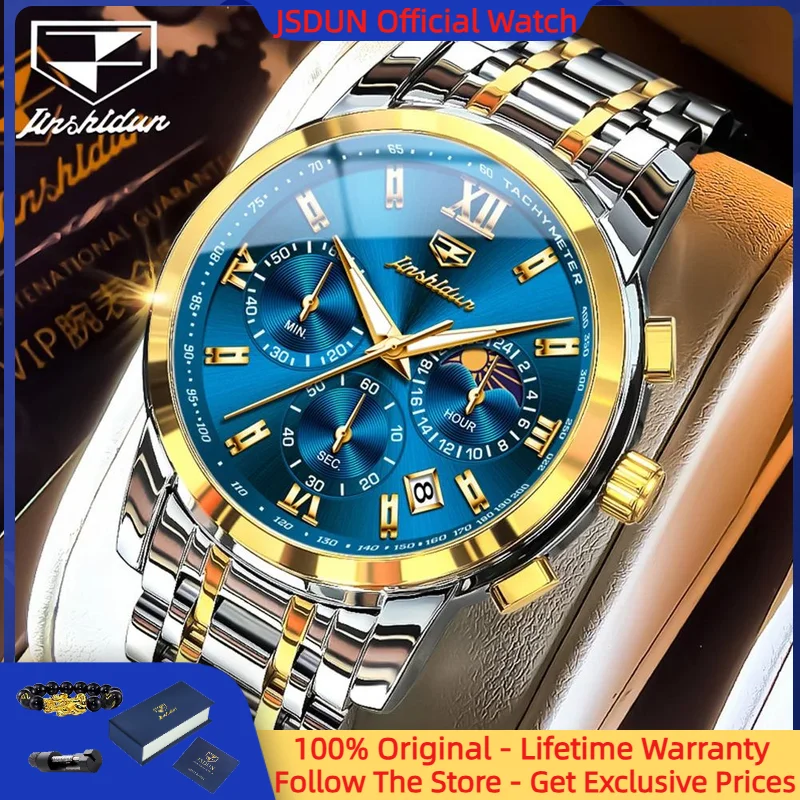 

JSDUN 8985, мужские часы из нержавеющей стали, деловой хронограф с датой, роскошные водонепроницаемые мужские кварцевые часы с фазой Луны, Reloj Hombre