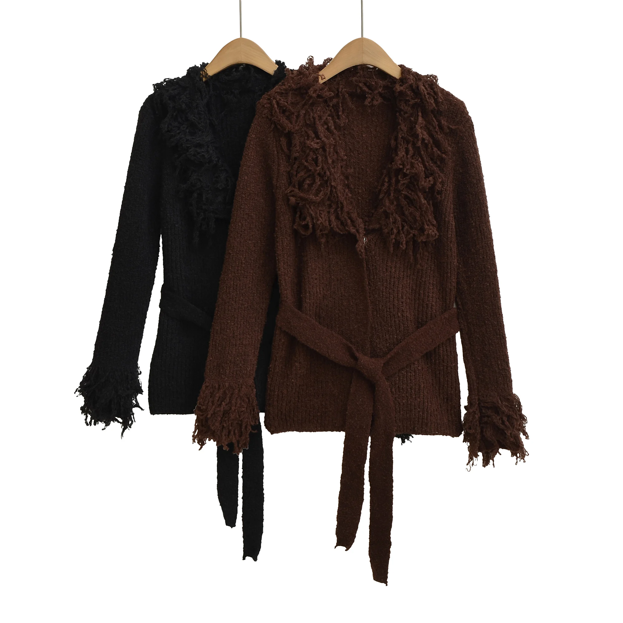 

Женские вязаные кардиганы с кисточками и поясом, свитера черного кофейного цвета