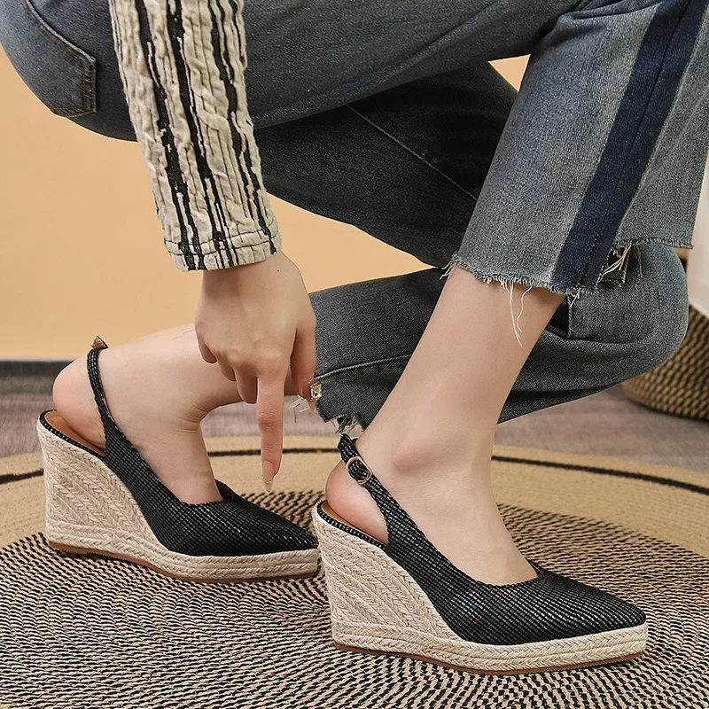 RYAMAG Summer Platform Shoes Women High Heels Fashion Ladies Pumps Elegant Woman Wedges Shoes Black Pointed toe Plus Size 42