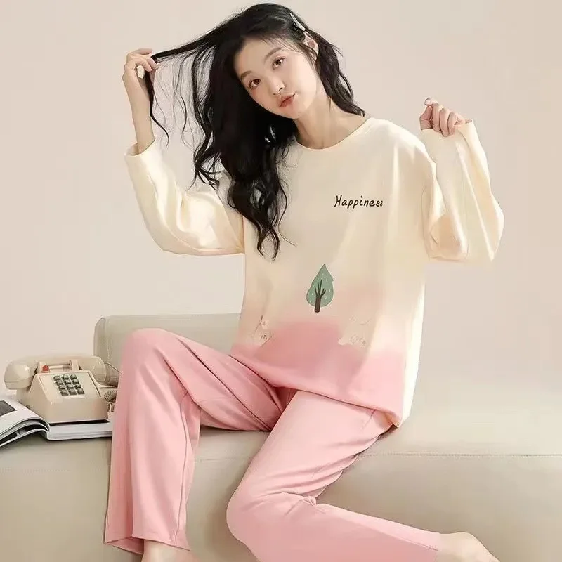 

2PCS/Set Summer Nightwear Women Long Sleeve Cartoon Sleepwear Homewear Student Pajamas Loungewear Wearing Home Clothes Outside