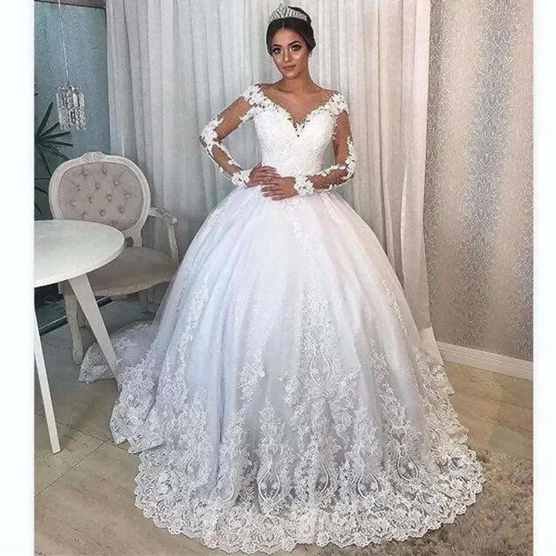 

Customized High Quality Beaded Scoop Neck Lace Appliques Ballgown Wedding Dresses Robe De Mariée Illusion Long Sleeves Bridal G