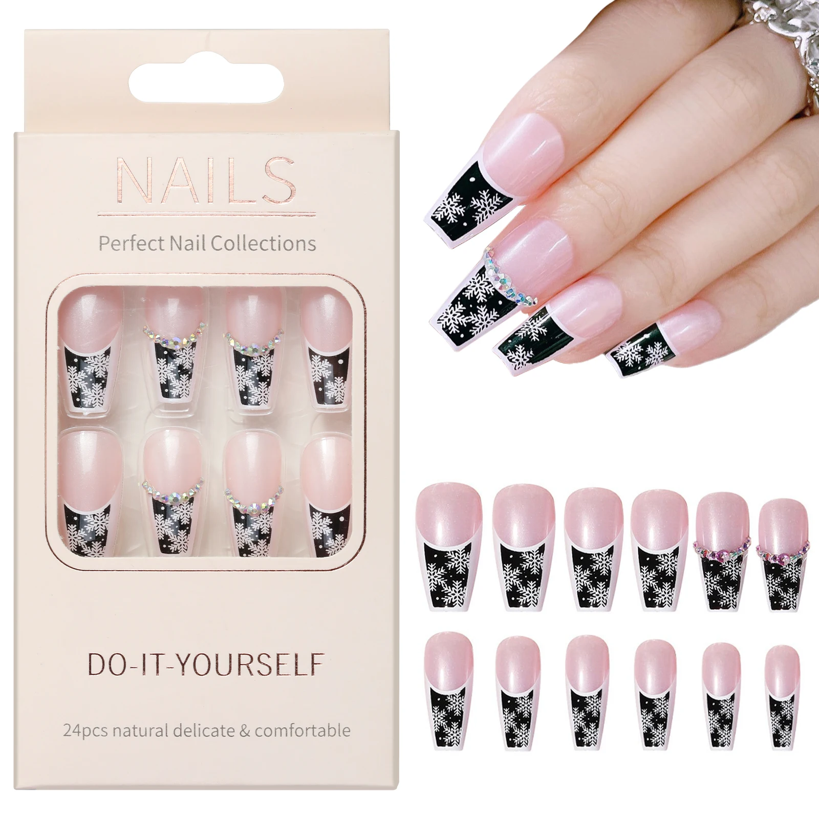 24 قطعة/صندوق أظافر صناعية على شكل ندفة الثلج مرصعة بالألماس سهلة الارتداء وسهلة الإزالة دون الإضرار للأظافر مناسبة لأظافر الشتاء بنفسك #1