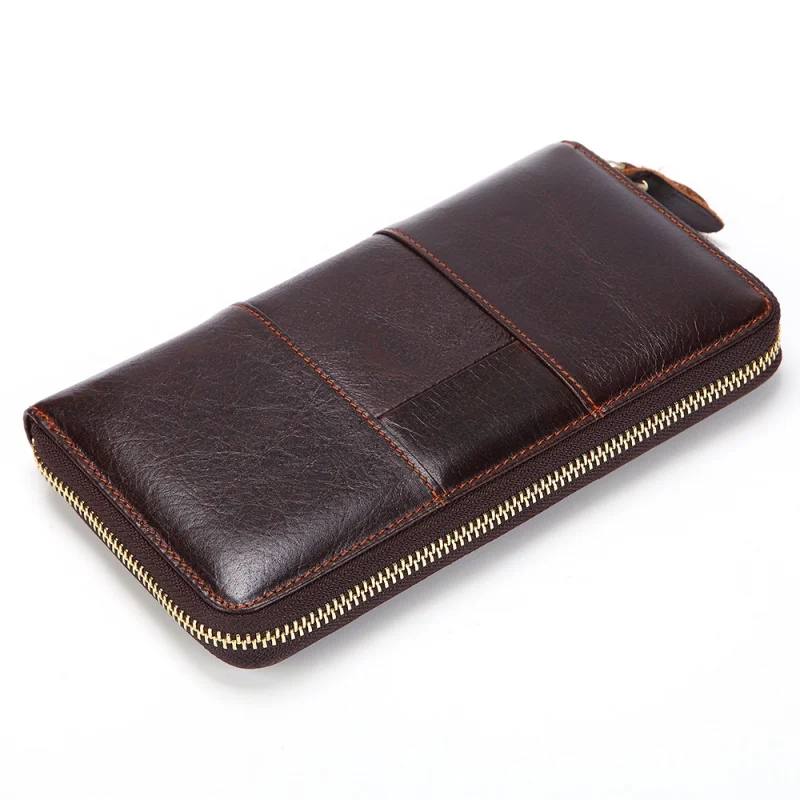 Men Women Long Handbag Business Vintage Cow Leather Man Wallet Brand Long Wallet For Man And Woman Oil Wax Zipper Bag Male Purse