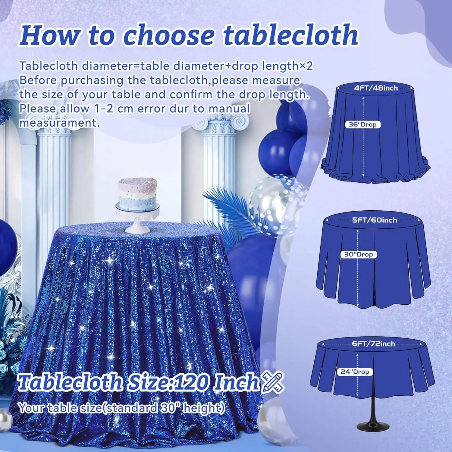 مفرش طاولة مستدير باللون الأزرق الملكي مقاس 90 بوصة، غطاء طاولة مزين بالترتر اللامع لتزيين حفلات أعياد الميلاد وحفلات الزفاف وحفلات استقبال المولود الجديد