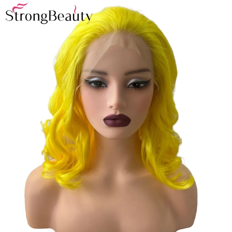 strongbeauty-カーリーライトイエローレースフロントウィッグ合成ウィッグミディアムレングス女性の髪耐熱ok