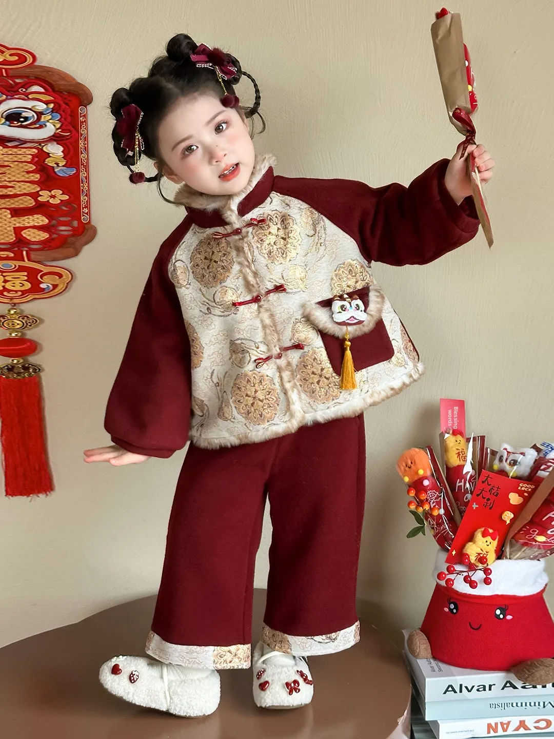 

Детский новогодний наряд Thiened из хлопка, зимний теплый комплект, милый китайский ансамбль для девочек, длинные брюки све