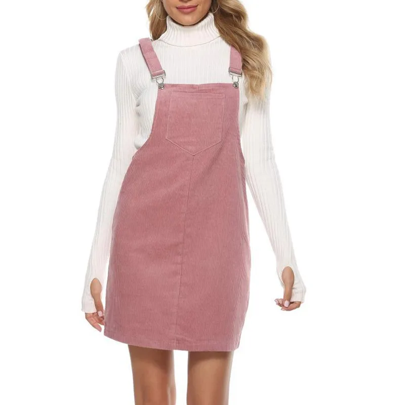 Women's Cute Corduroy Overall Bib Dress Sleeveless Loose Pinafore Suspender Mini Dress Skirt Jumper