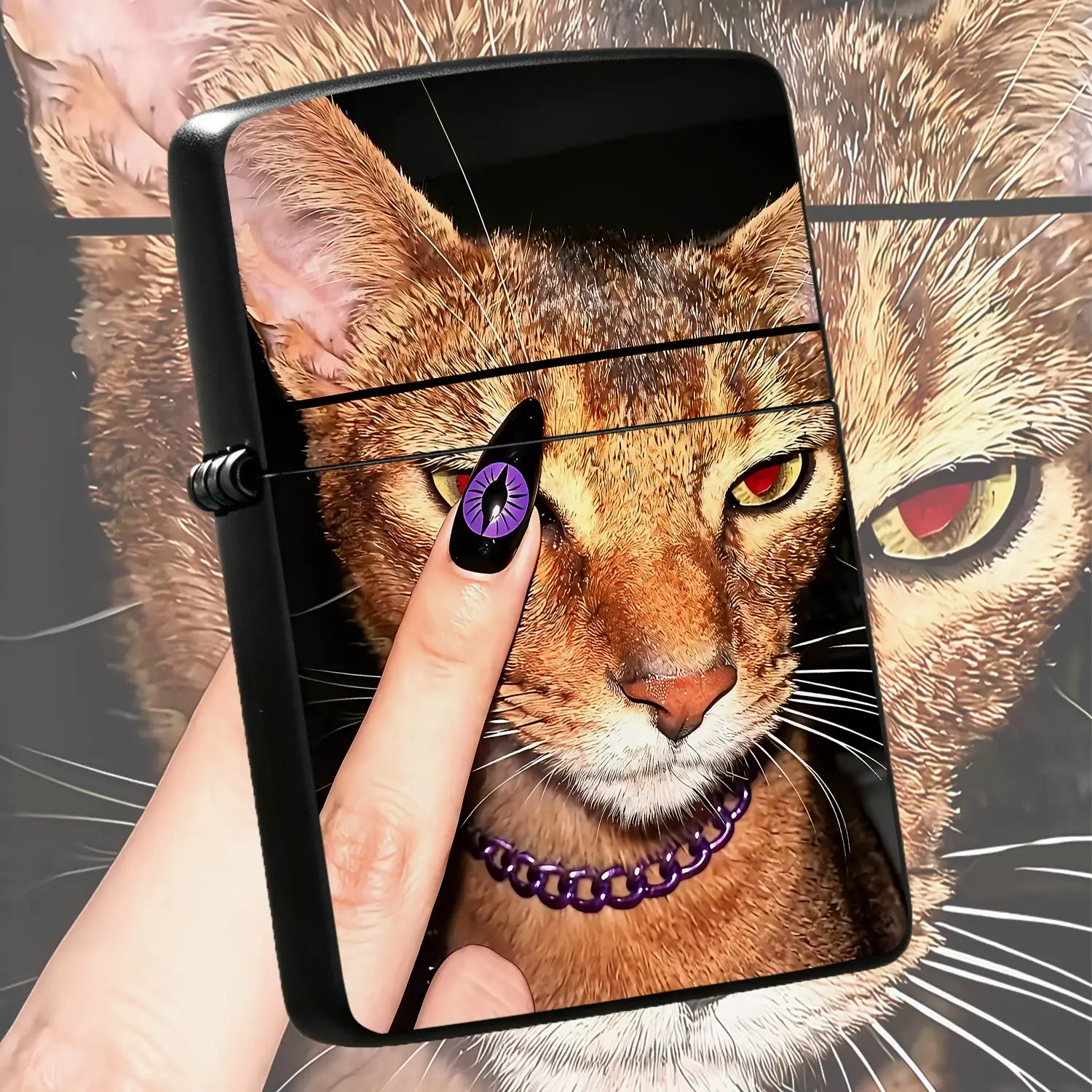 Funky Stylish Tabby Cat Print Lighter, Unique Purple Eye Nail Art Cool Accessory, Playful Vibe Portable Daily Item, Creative Versatile Practical Gift For Friends For All Scenarios Daily Use A Humorous And Interesting Lighter