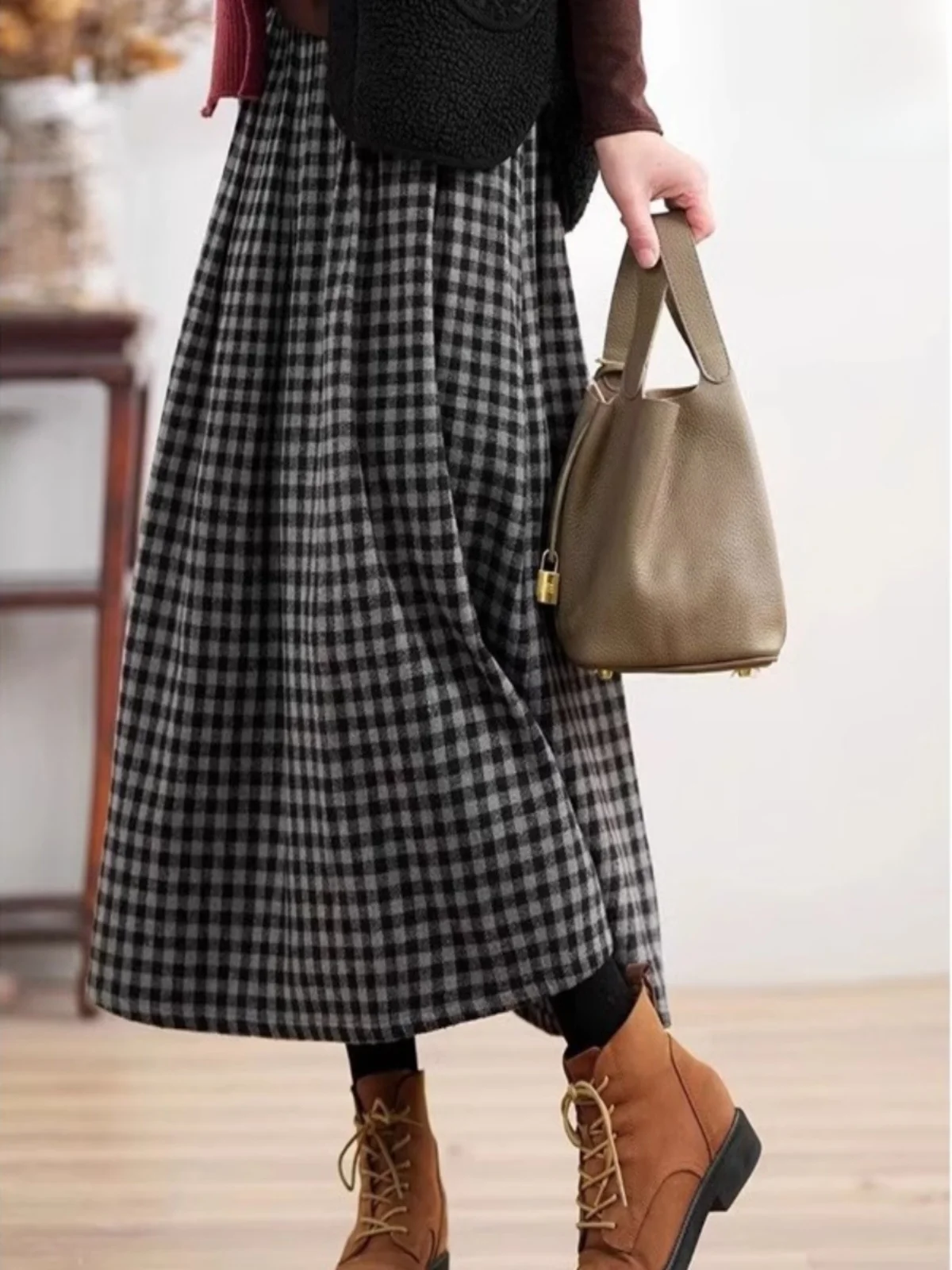 Bla en witte geruite A-lijn midi-rok dames winter vintage hoge taille afslankrok casual en peer body pe