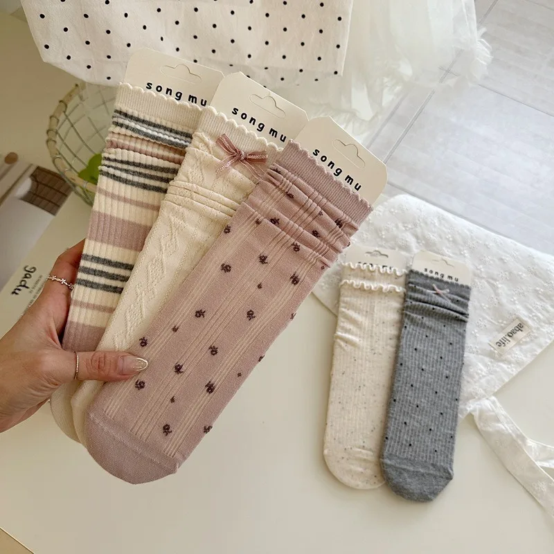 

5 Pairs New Spring Summer Pink Korean Version JK Lolita Bow Mid Tube Socks Loose Socks Girls Women's Short Socks with Ruffles