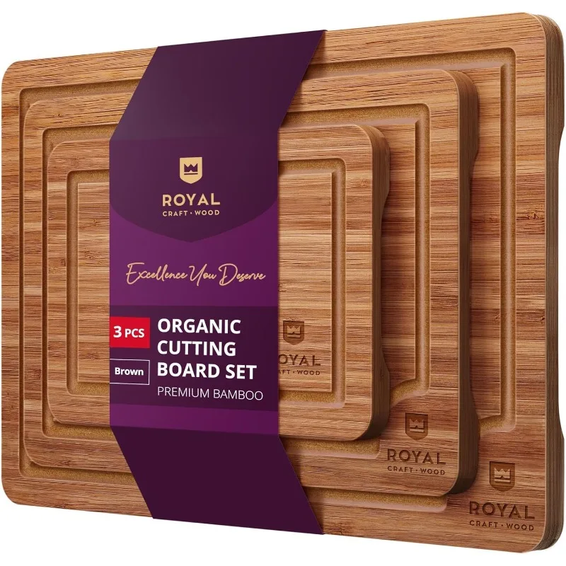 Wooden Cutting Boards for Kitchen Meal Prep & Serving  Bamboo Wood Serving Board Set with Deep Juice Groove Side Handles