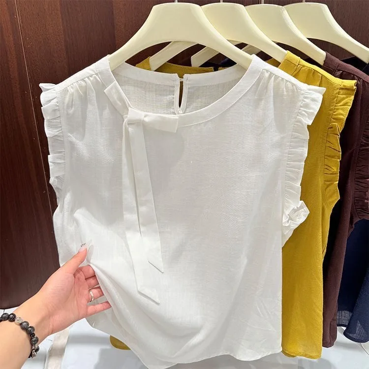 

Korean Sle round Ne Knot Top Women's Slim Fit irt with Fly Sve Breathable Polyester Fiber Summer New Arrival